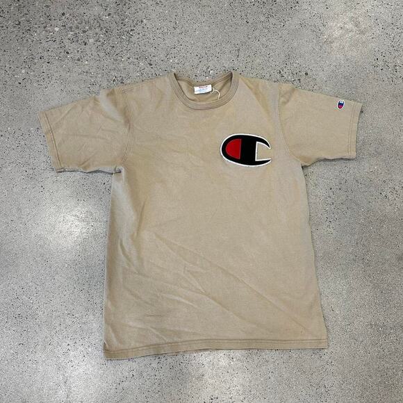Champion Unisex Medium T-Shirt Tan Pocket Logo Embroidered Vintage Tee - Picture 1 of 3